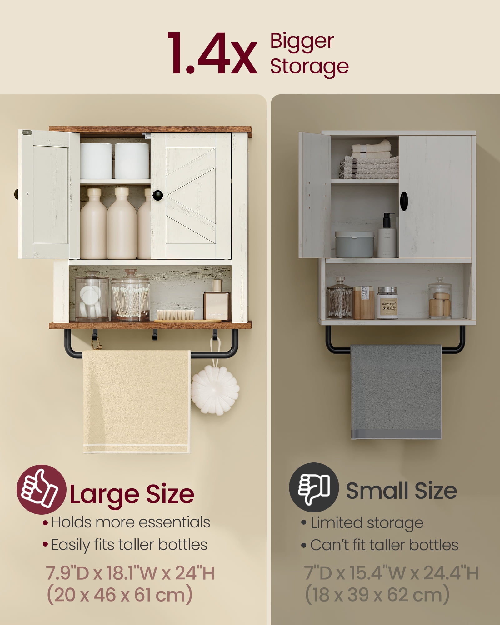 VASAGLE LIRY Collection - Bathroom Wall Cabinet, Farmhouse Wall-Mounted Medicine Storage Cabinet with 2 Barn Doors, Adjustable Shelf, Towel Bar, 7.9 x 18.1 x 24 Inches, Rustic White