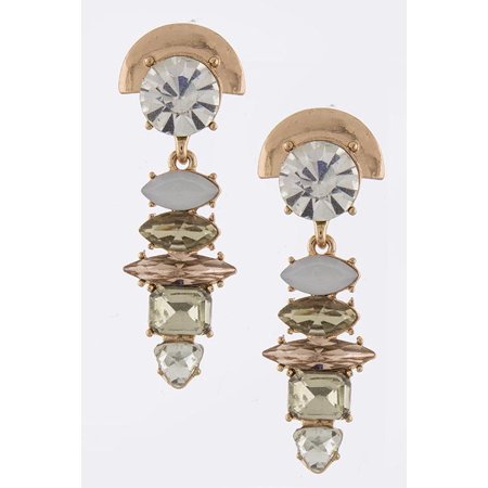 Copper Crystal Earrings - Prong Set Beige & Crystal Jewel Drop Post Back Earrings with Copper Tone Detail
