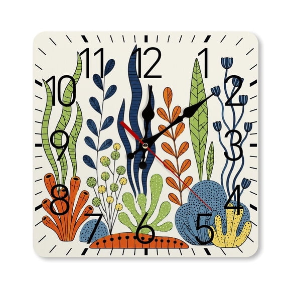 RKSupls 10×10inch Square Silent Wall Clock Wooden Frame, Underwater Plants Garden Scale Decorative Clock for Home Bedroom Living Room Office