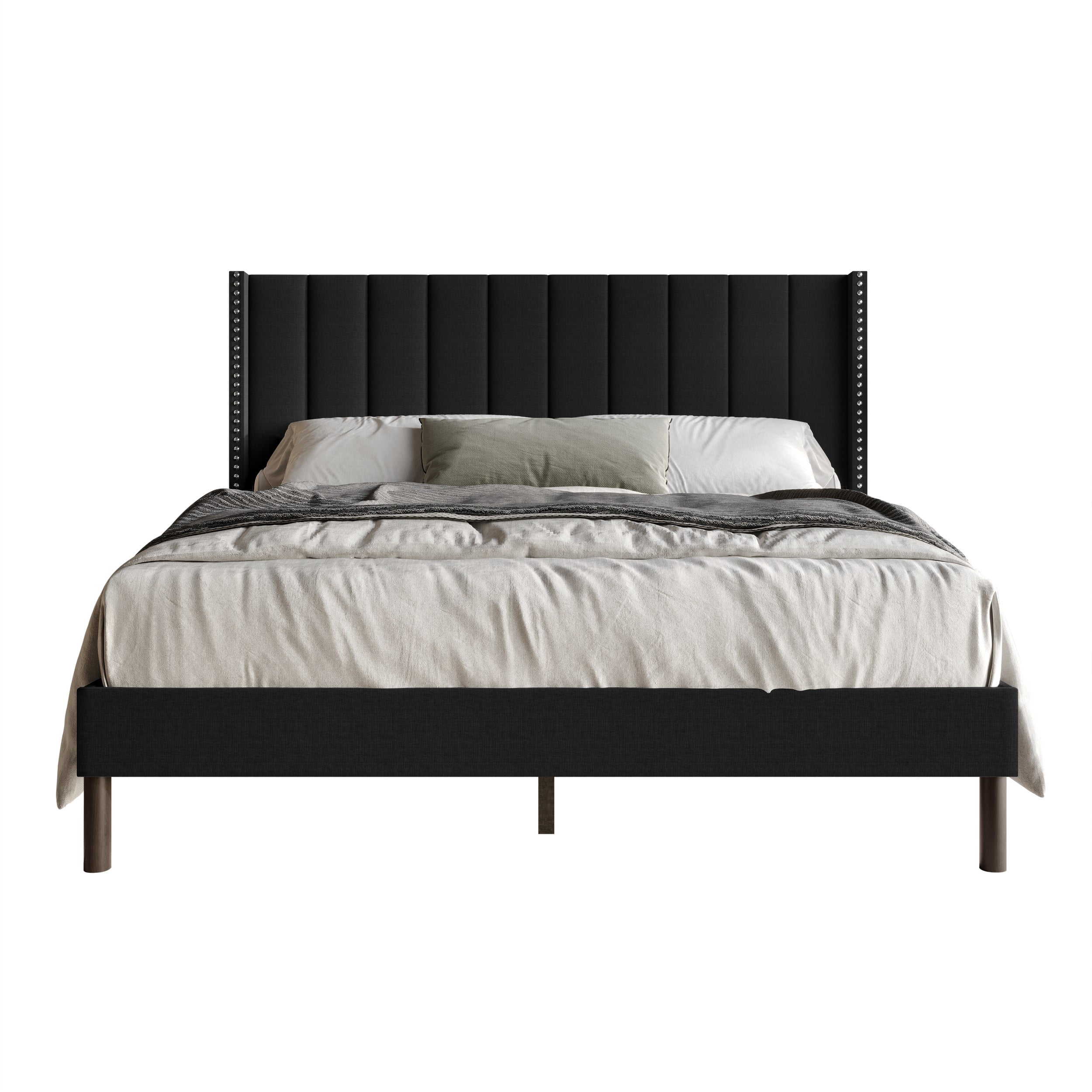 Home Design Odessa Full Linen Upholstered Wingback Panel Bed Frame with Vertical Channel Tufting & Nailhead Trim, Black, Easy Assembly