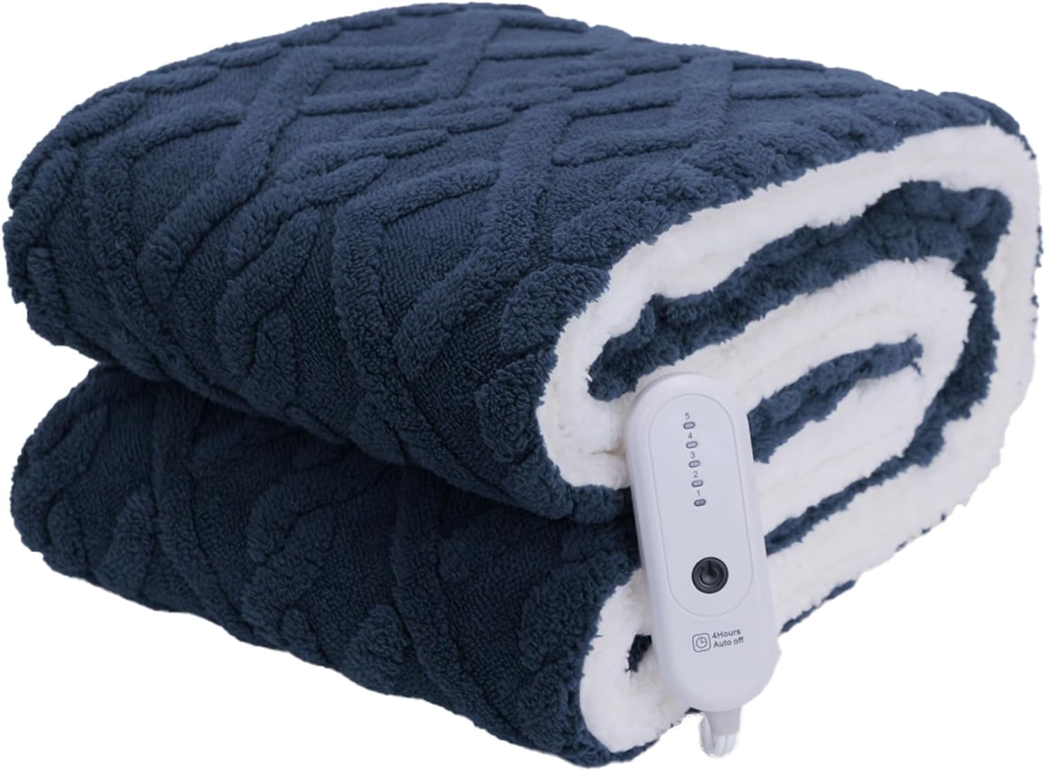 TRUSTWARMTH Electric Heated Blanket Throw 50"×60", Electric Throw Blanket with 5 Heating Levels & 4 Hours Auto Off, Ultra Soft Jacquard Shaggy Sherpa, Machine Washable, Navy Blue