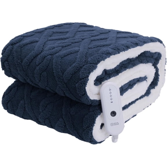 TRUSTWARMTH Electric Heated Blanket Throw 50"×60", Electric Throw Blanket with 5 Heating Levels & 4 Hours Auto Off, Ultra Soft Jacquard Shaggy Sherpa, Machine Washable, Navy Blue