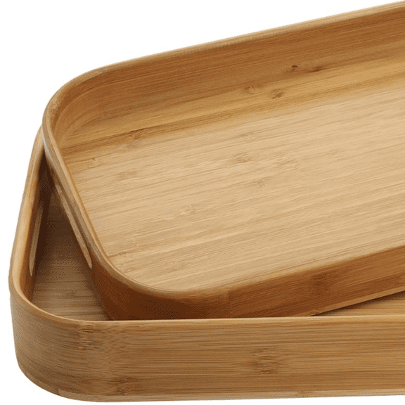 Set of 2 Bamboo Serving Tray, Solid Wood Breakfast Tray with Handles, Large Bamboo Food Tray Great for Dinner, Tea, Coffee, Bar, Parties, 15.6" L x 10.8" W /12.6" L x 8.5" W