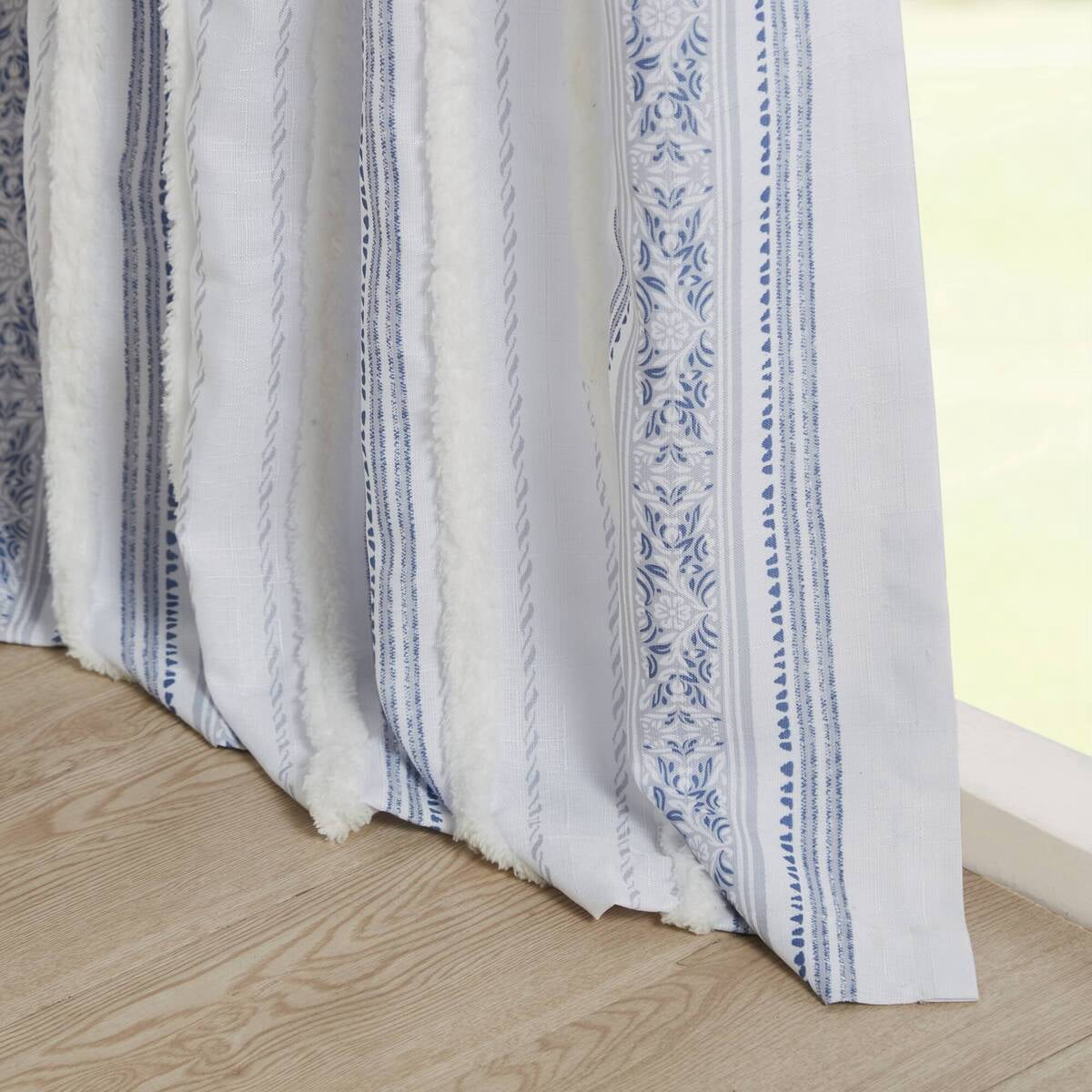 MAYEERTY 50x95" Poly Printed Curtain Panel - Tufted Stripe Lining, White/Navy