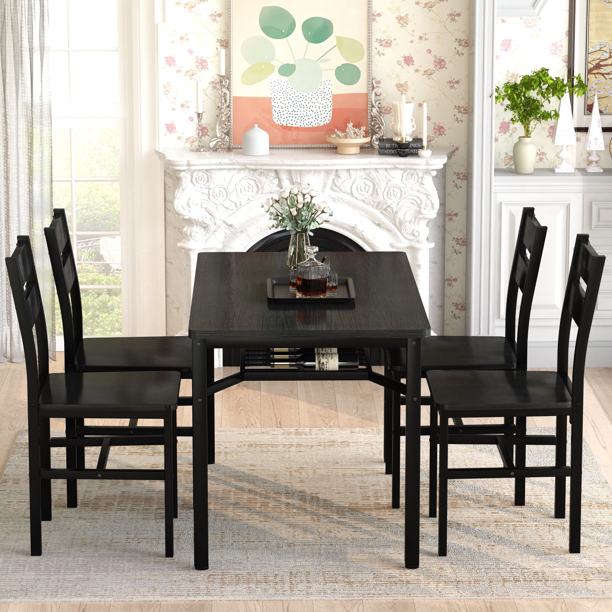 Baxluxe 4-person dining table set, farmhouse-style wooden kitchen dining table and chair set, farmhouse 5-piece dining table set with storage rack, small kitchen dining table set,Black