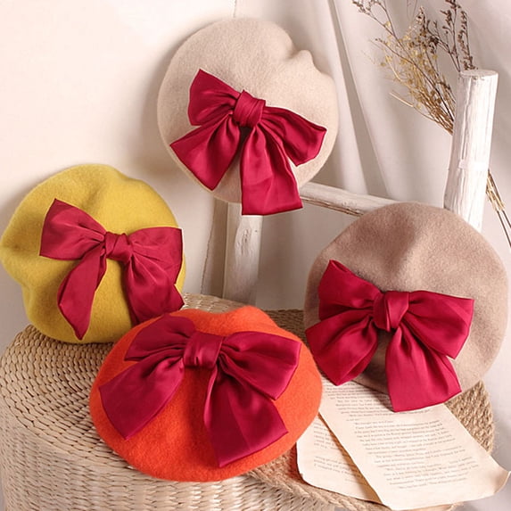 Zhaomeidaxi 2-6 Years Girls Winter Woolen Beret Hat Classic French Style Beret Beanie Princess Red Bowknot Decorated Dome Hat Cap