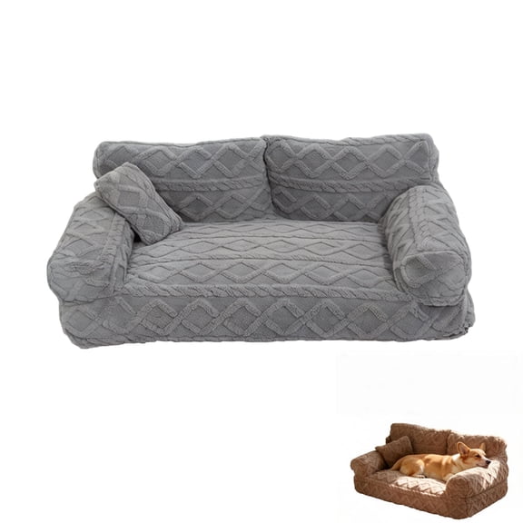 Fluffy Plush Pet Sofa Bed, Cozy Calming Cat & Dog Couch with Raised Rim, Washable Cover & Non-Slip Bottom, Soft Warming Puppy Bed for Indoor Pets, All-Season Comfort