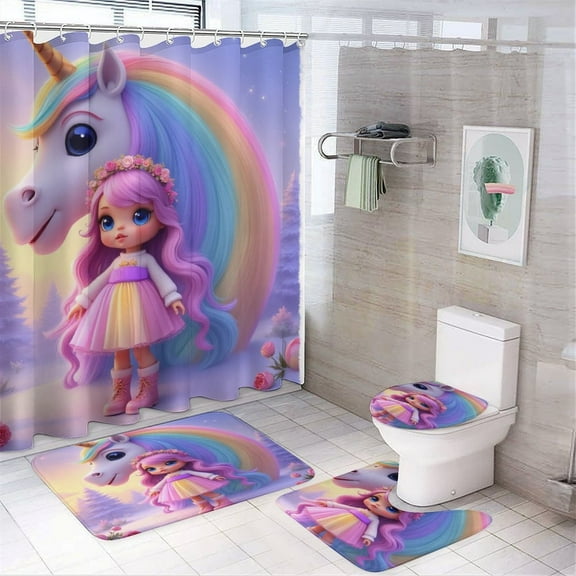 Cute Girl with Unicorn in Winter Shower Curtain Waterproof Bathroom Curtain Set with Hooks Home Decor Bathroom Curtains 4pcs