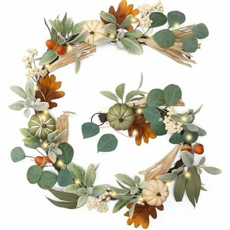 Fall Garland for Mantle, 6ft Lambs Ear Leaves Garland with Lights White Pumpkins Thanksgiving Table Centerpiece, Fall Autumn Decorations for Home Porch Fireplace Outdoor Halloween Decor