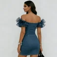 thumbnail image 3 of Women's Off Shoulder Denim Mini Dress, Ruffle Sleeve Bodycon Party Dress, 3 of 3