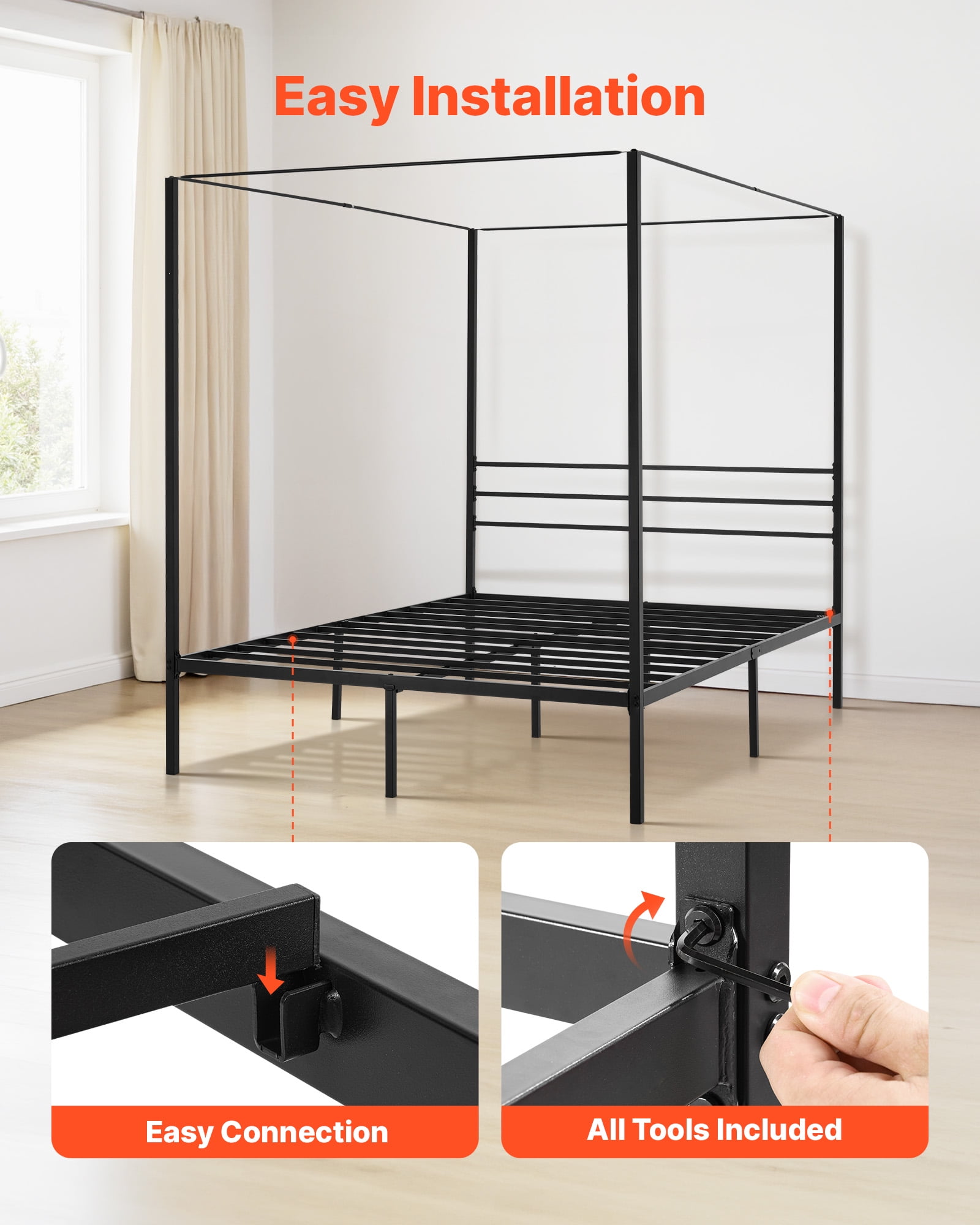 VEVOR Queen Size Canopy Bed Frame, Metal Canopy Bed with Four Posters Design, Heavy Duty Steel Slats Support, Underbed Storage Space, No Box Spring Needed, Easy Assembly, Black