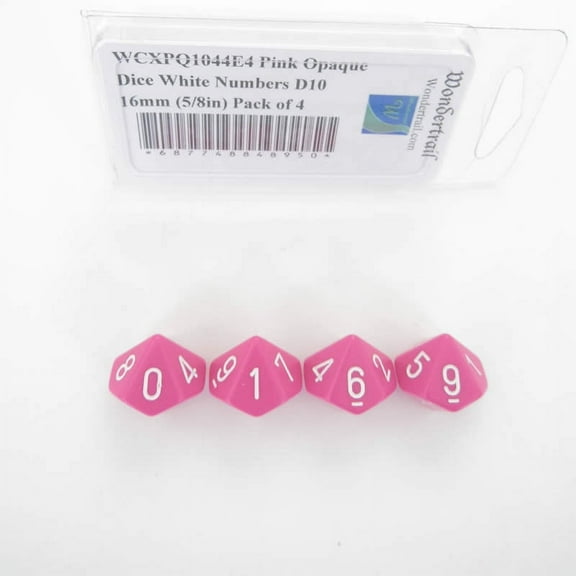 Pink Opaque Dice with White Numbers D10 Aprox 16mm (5/8in) Pack of 4 Wondertrail