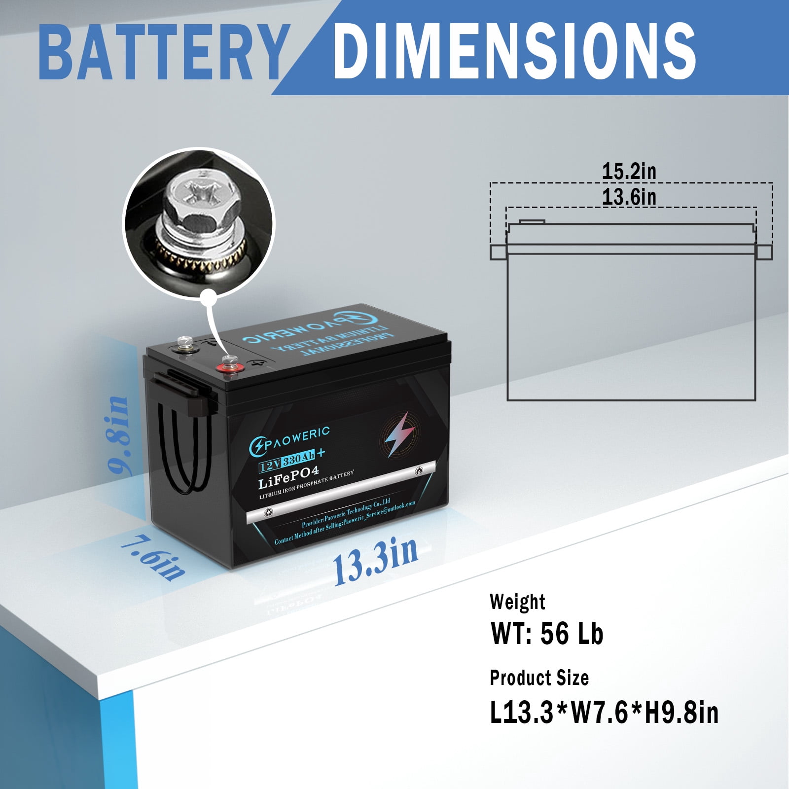 Paoweric 12V 330Ah LiFePO4 Lithium Battery with Smart 200A BMS, Compact Lithium Iron Phosphate Battery for Solar, RV, Home Energy Storage