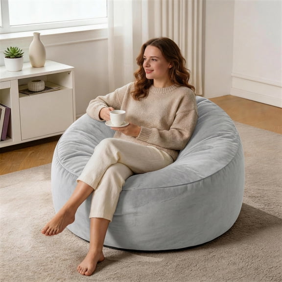 GOSAVI 3FT Bean Bag Chairs for Adults Memory Foam Filler Beanbag Chair with Removable and Washable Flannel Cover, Lazy Chairs for Living Room - Grey