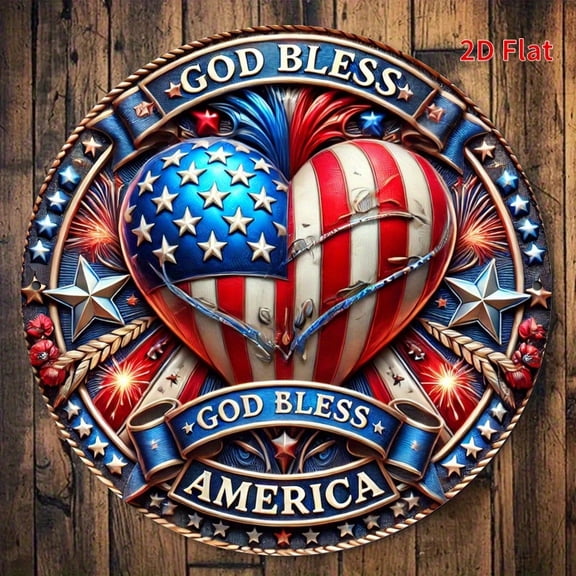 "God Bless America" Round Aluminum Sign - Patriotic American Flag Heart Wall Decor, 1pc, 8" Wall Art Metal Sign, For Kitchen, Porch, Gardene, Cafe, Bedroom, Room, Home, Ideal Gifts, Weather, 2D Flat