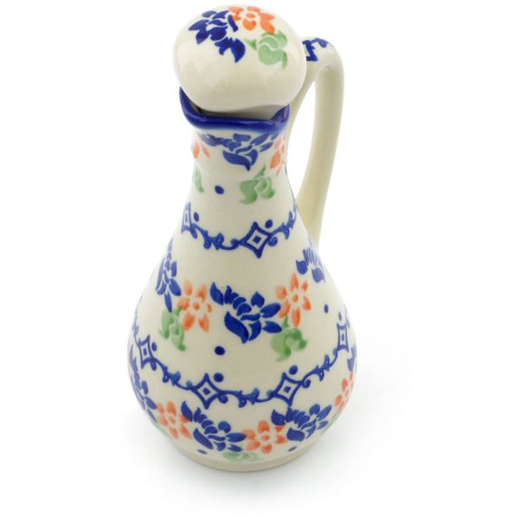 Polish Pottery 4 oz Bottle (Diamond Daisy Theme) Hand Painted in Boleslawiec, Poland   Certificate of Authenticity