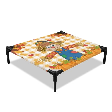 Thanksgiving Scare Crow Elevated Dog Bed Vintage Pumpkin Leaf Orange Plaid Cooling Breathable Outdoor Raised Dog Cot Bed with Metal Frame Non-Slip Feet for Small Dog 20x20in
