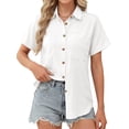 thumbnail image 2 of Fantaslook Womens Button Down Shirts Cotton Linen Short Sleeve Shirt Lapel Work Blouses Casual Summer Tops with Double Pockets, 2 of 11