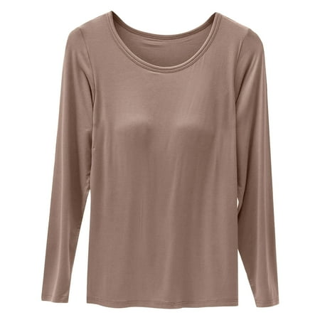 GZWYHT Big Sale! Sweatshirt for Women Fall Outfits Women s Crewneck Long Sleeve T Shirt With Breast Pad Women s Bra Cup One Underwire Pajamas Undershirt Base Fall Clothes Long Sleeve Tops Khaki S