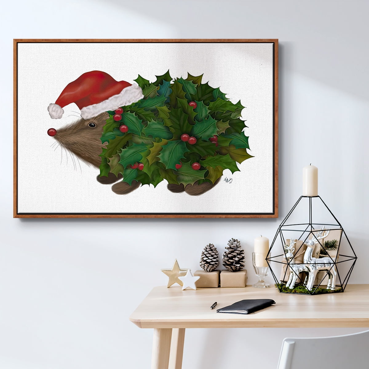 Christmas Holly Hedgehog - Framed Gallery Wrapped Holiday Canvas - 27 x 41 - Rosewood Frame