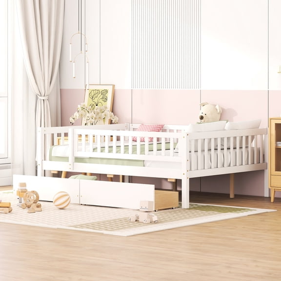 Full Size Daybed With Two Drawers In White - Stable Solid Wood, Multi-purpose Frame Drawers, Living Room Fit