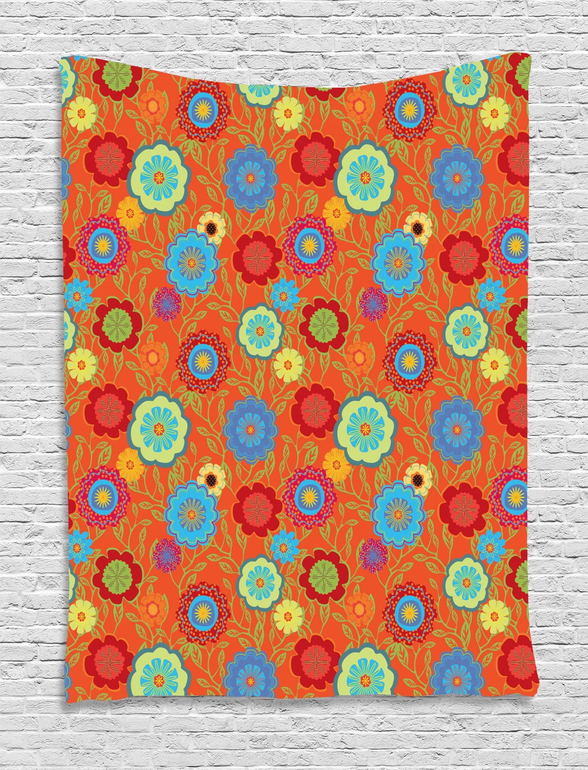 Floral Tapestry, Continuous Artwork Abstract Flowers and Outline Curls