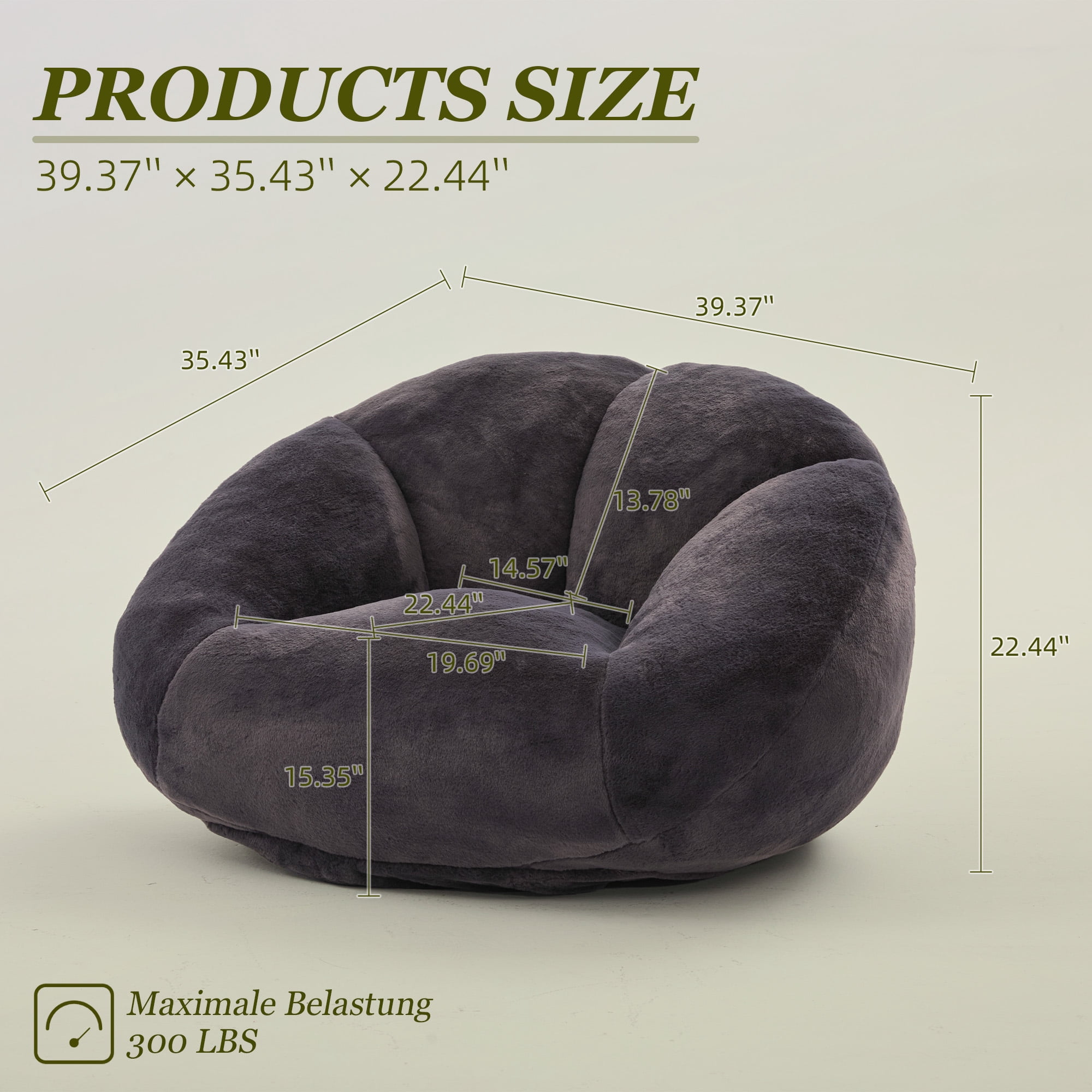 MOONMISS Bean Bag Chair for Adults & Teen,Floral Shaped Memory Foam Deep Sink-in Breathable Faux Fur Bean Bag Sofa,Easy to Clean for Living Room & Dorm,Dark Gray