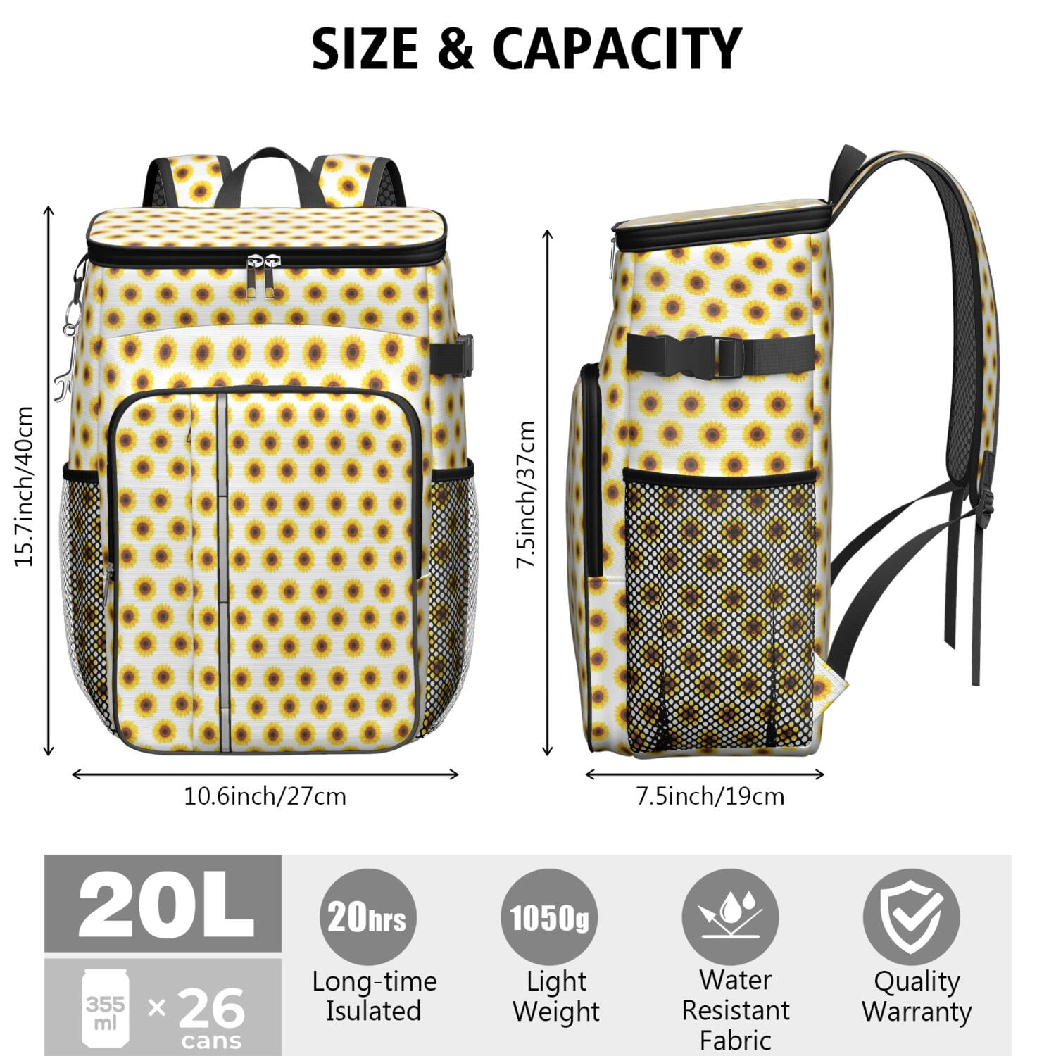 Travel Cooler Bag - White Sunflower Camping Beer Cooler Backpack with Bottle Opener- Waterproof Insulated Picnic Backpacks - Cooler Bag for Beach