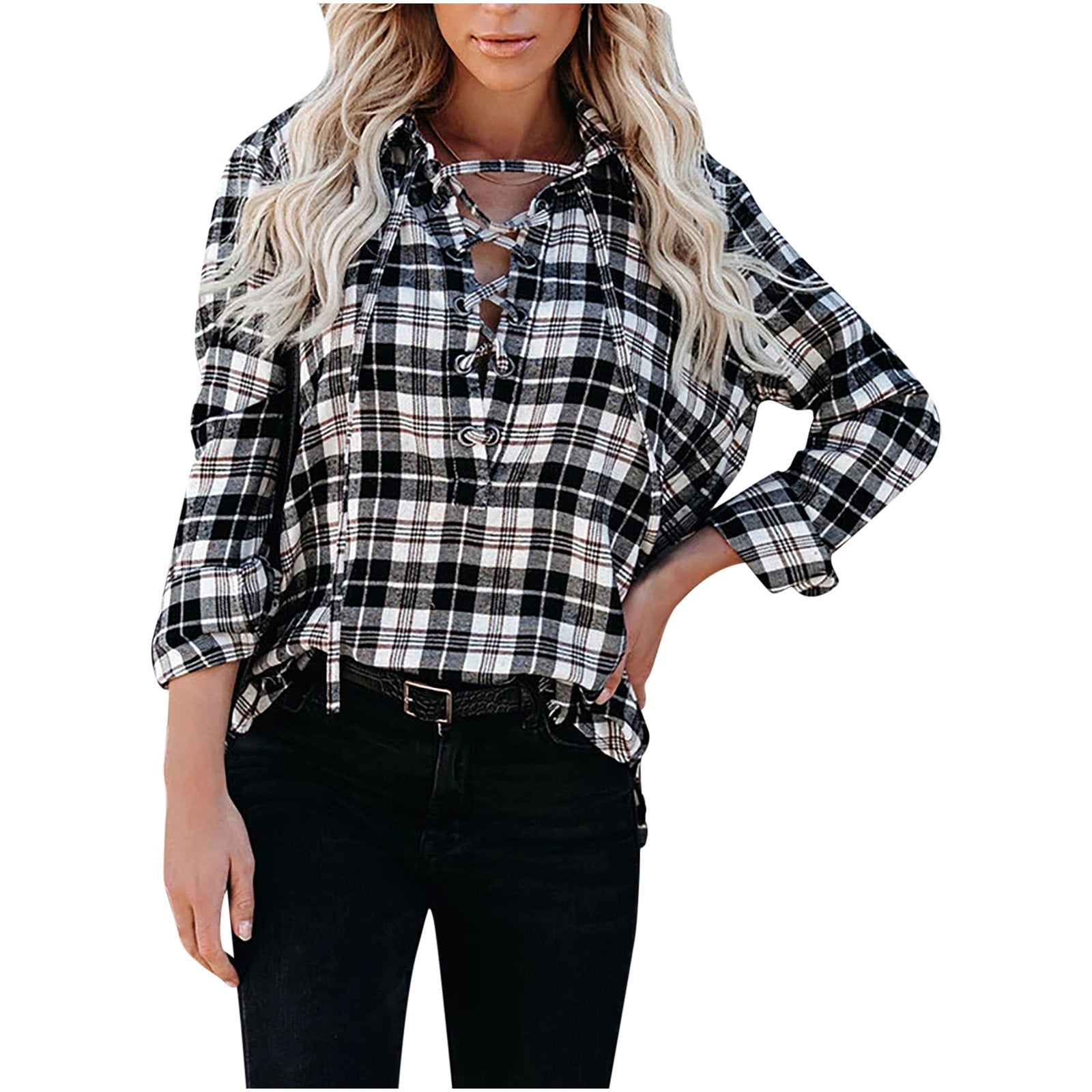 Chemise à Carreaux pour Femmes, Col Rabattu, Demi-Ouvert, Large