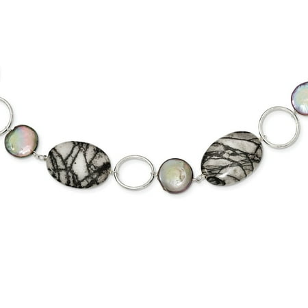 - Sterling Silver Circles Freshwater Coin Cultured Pearl and Zebra Jasper Necklace - 16 Inch
