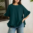 thumbnail image 2 of MIXUE Womens Summer Tops Summer Solid Color Linen Loose Fit Ruffled Round Neck Short Sleeve Button Up Pullover Tshirts Activewear,Green,XXL, 2 of 9