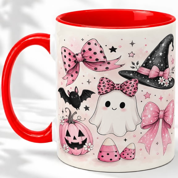 Pink Bow Ghost Accent Mug, 11oz Ceramic Coffee Cup for Halloween