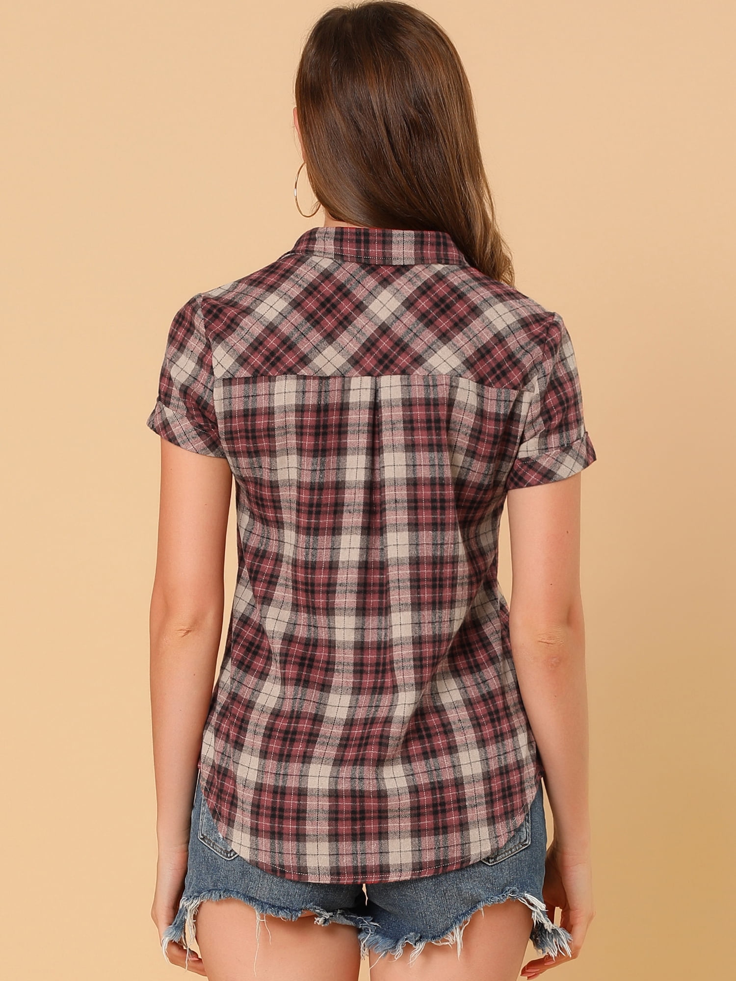 DARING DIVA Women's Casual Boyfriend Plaid Button Down Flannel Shirt XXL Beige Red