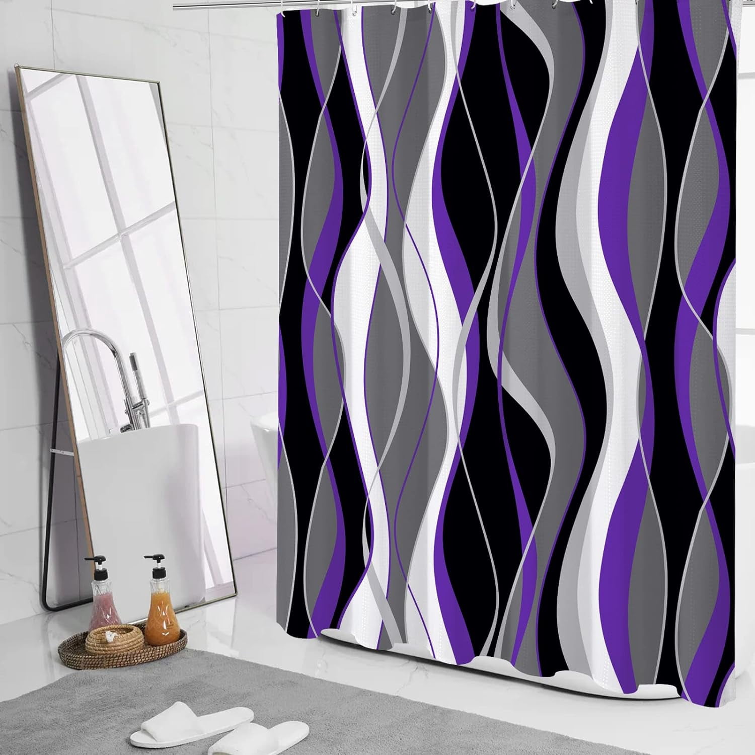 Black and Purple Shower Curtain, Abstract Modern Grey and Purple Bathroom Decor Accessories, Waffle Weave Textured Fabric Shower Curtain Set with Hooks, 72x72