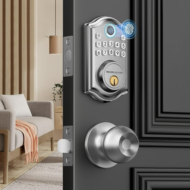 AkaGear Cerradura de puerta de entrada sin llave con manija, cerradura de puerta con huella digital, cerrojo con teclado con perilla de puerta, cerradura de puerta con teclado con manija, cerradura in