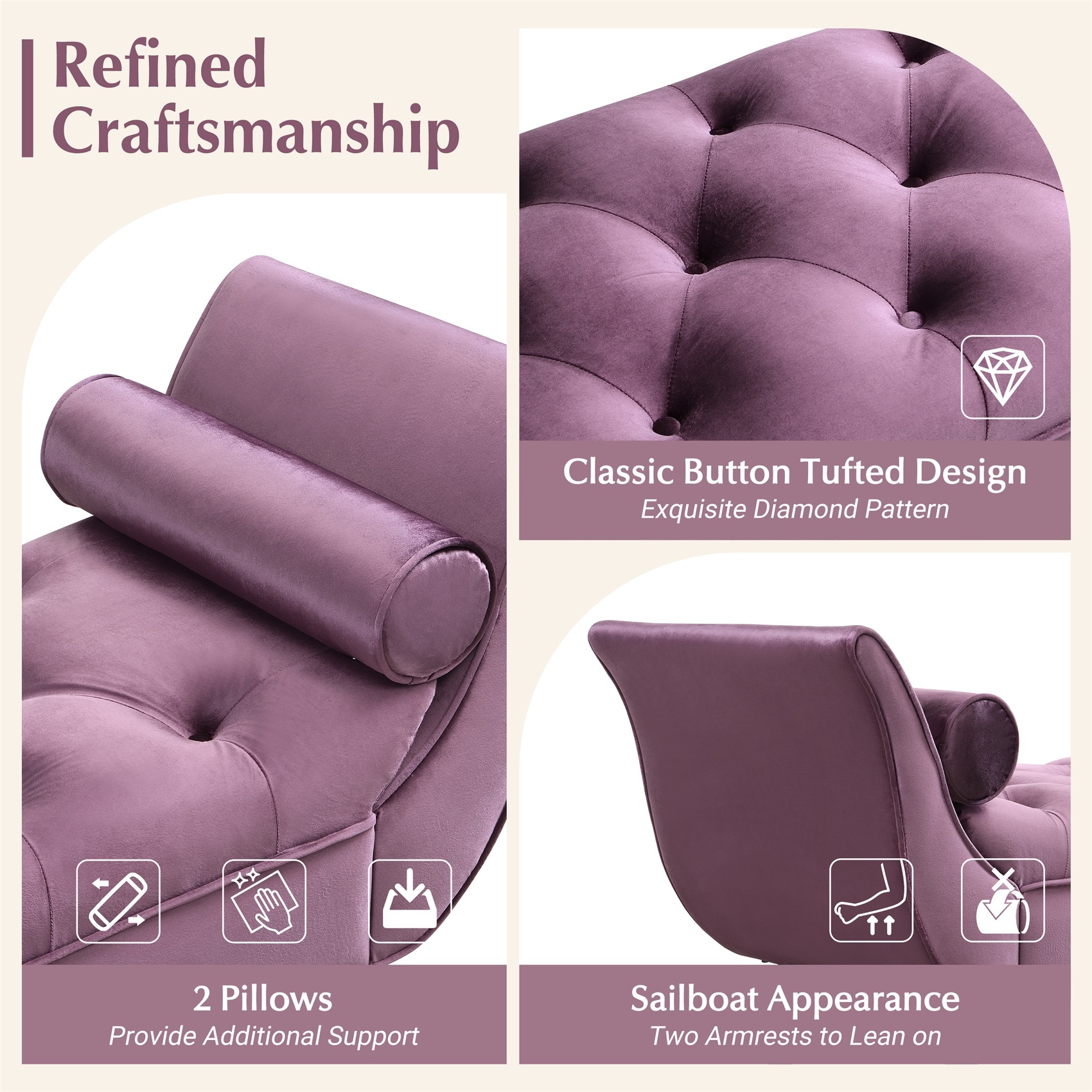 Alvantor Button Tufted End of Bed Benches Velvet Upholstered Bench with Pillows for Bedroom,Living Room, Entryway Purple