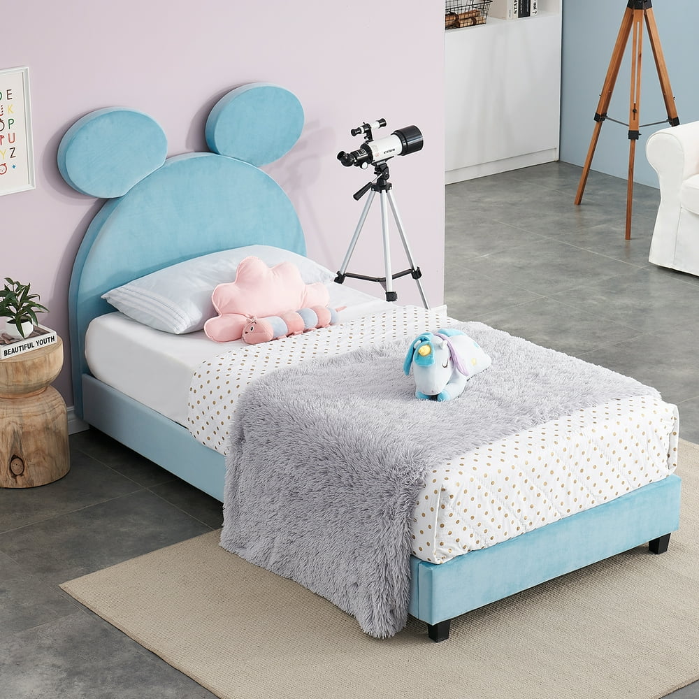 VECELO Kids Children Upholstered Bed Frame, Panda Shape, Twin Size, Blue