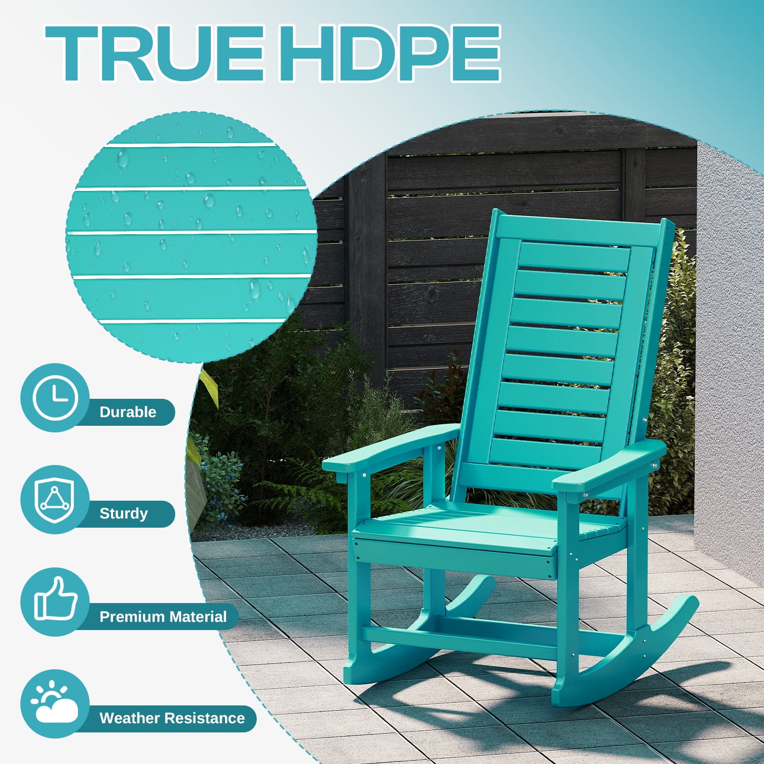 FODINGHILL Outdoor Rocking Chair Set of 4,HDPE Oversized Rocking Chair Outdoor,High Back Rocking Patio Chairs for Porch Garden Balcony,Aqua