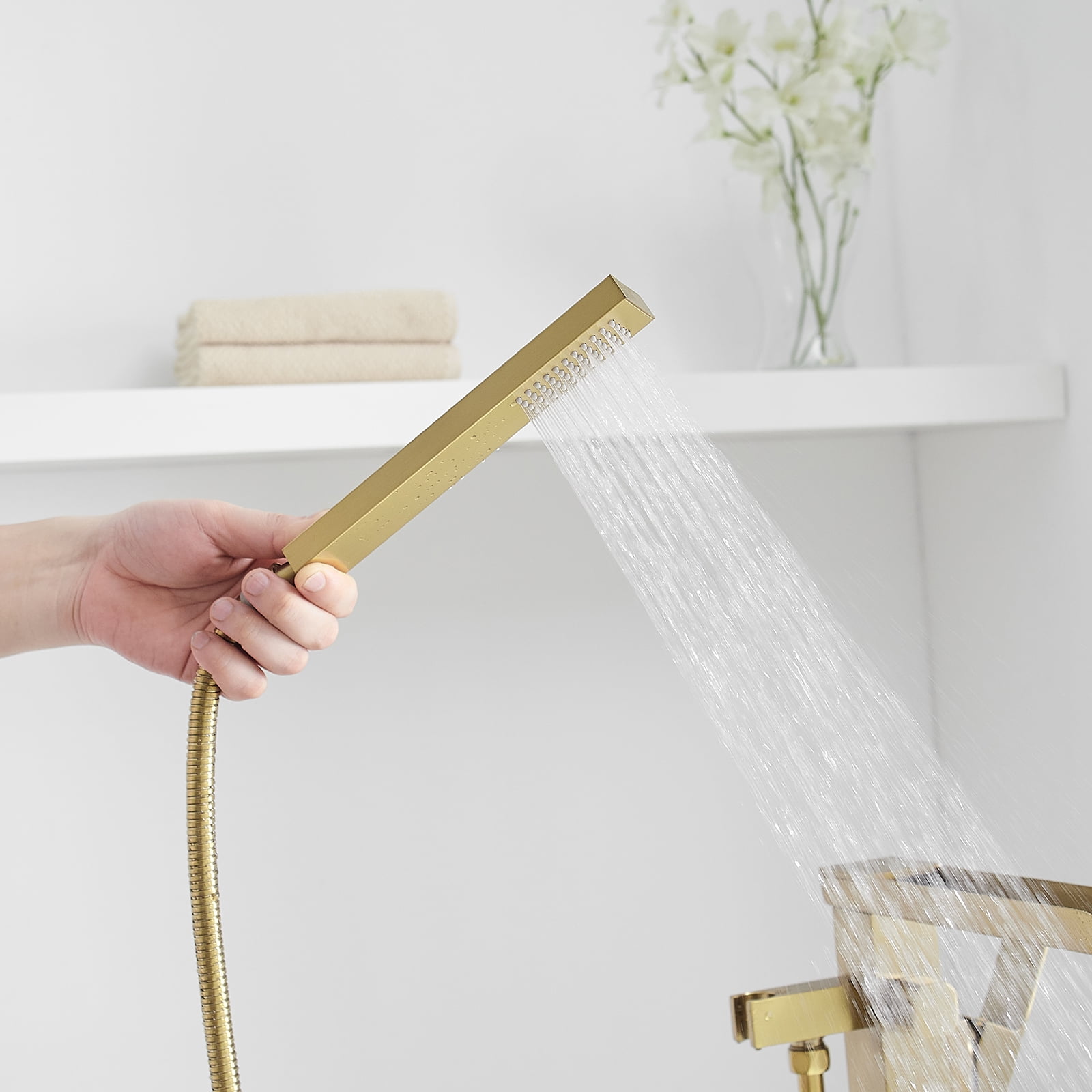 Single-Handle Floor Mount Freestanding Bathtub Faucet Waterfall Tub Filler with Handheld Shower in Brushed Gold