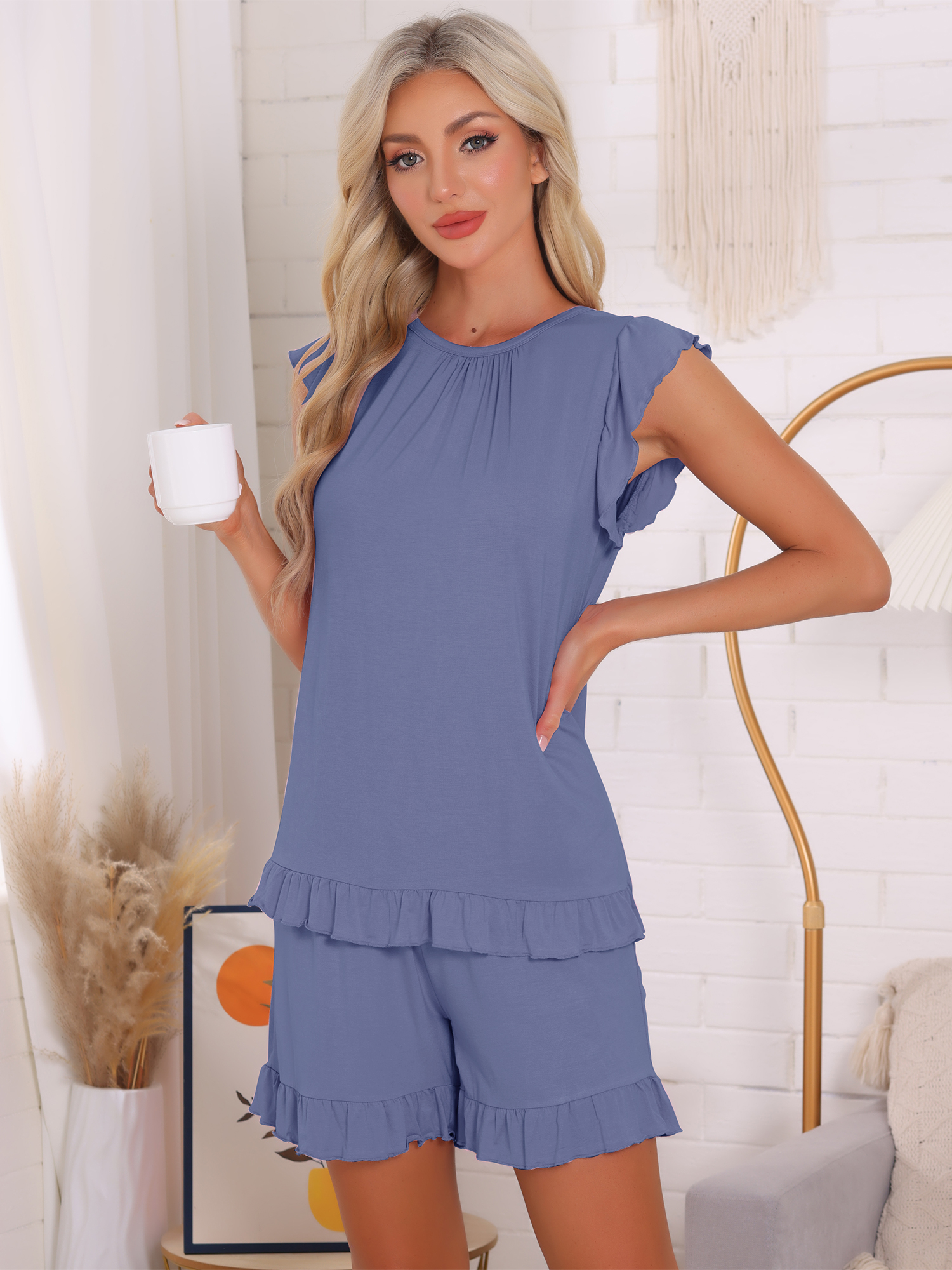 DARING DIVA Ruffle Trim Cap Sleeve Lounge Tops Shorts Pajama Sets M Peacock Blue