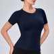 thumbnail image 3 of Camiseta de Manga Corta de Yoga para Mujeres Color Sólido Moda Casual Respirable Apretado Deportivo de Alta Elasticidad Camiseta de Carrera de Manga de Raglan Cuello Redondo Top de Manga Corta de Muj, 3 of 4