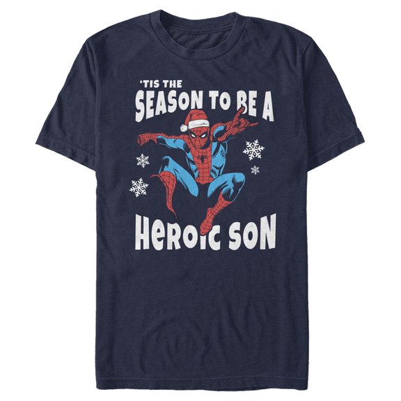 Men's Marvel Christmas Spider-Man Heroic Son Graphic Tee Navy Blue X Large