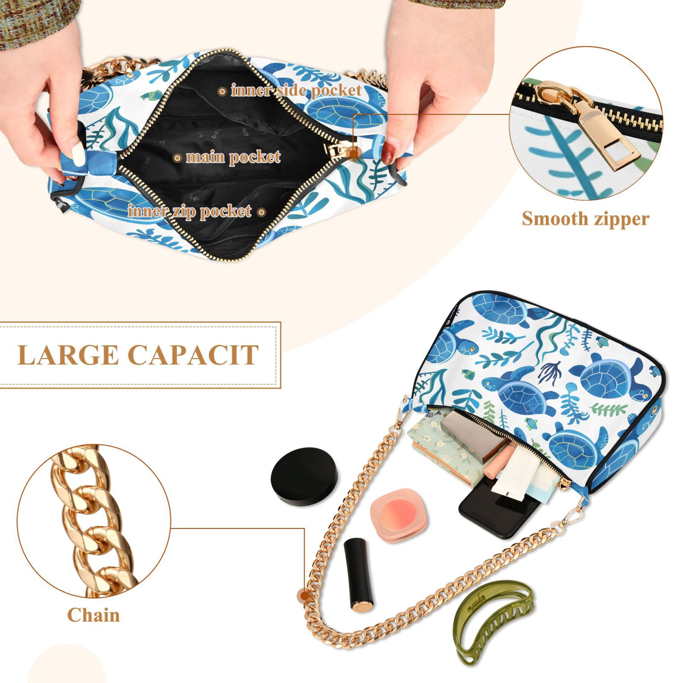 Ryvnso Turtles with Seaweed Womens Chain Shoulder Bag Tote Handbags Clutch Hobo Purse with Zipper for Travel