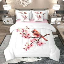 Manfei Cardinal Bird 7-Piece Twin Bedding Sets,Country Cherry Blossom Bedding Comforter Set,White Pink Red Sheet Sets For Girl Teens,Breathable Home Decor Reversible