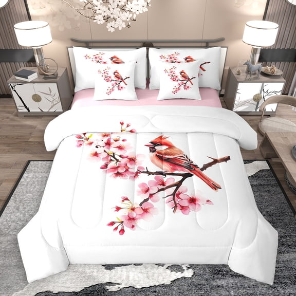 Manfei Cardinal Bird 7-Piece Twin Bedding Sets,Country Cherry Blossom Bedding Comforter Set,White Pink Red Sheet Sets For Girl Teens,Breathable Home Decor Reversible