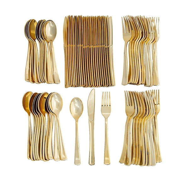 Fun Express 72 Pieces Premium Metallic Gold Plastic Cutlery Set for 24 Guests