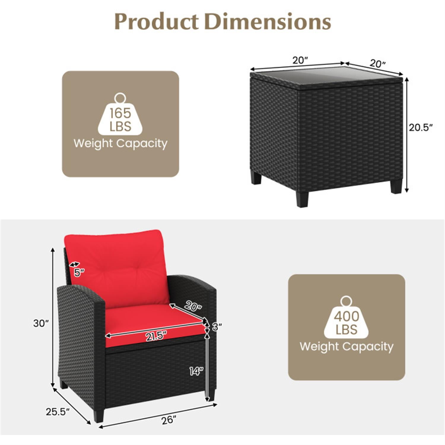 Demi Bonn 3 Pieces Rattan Patio Furniture Set with Washable Cushion, Conversation Armchairs for Garden Poolside Balcony, Red