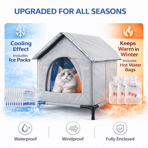 Outdoor & Indoor Insulated Cat House with Heating & Cooling Packs, Waterproof Fully Enclosed Shelter for Stray Cats, Winter Warm & Summer Cool Pet House