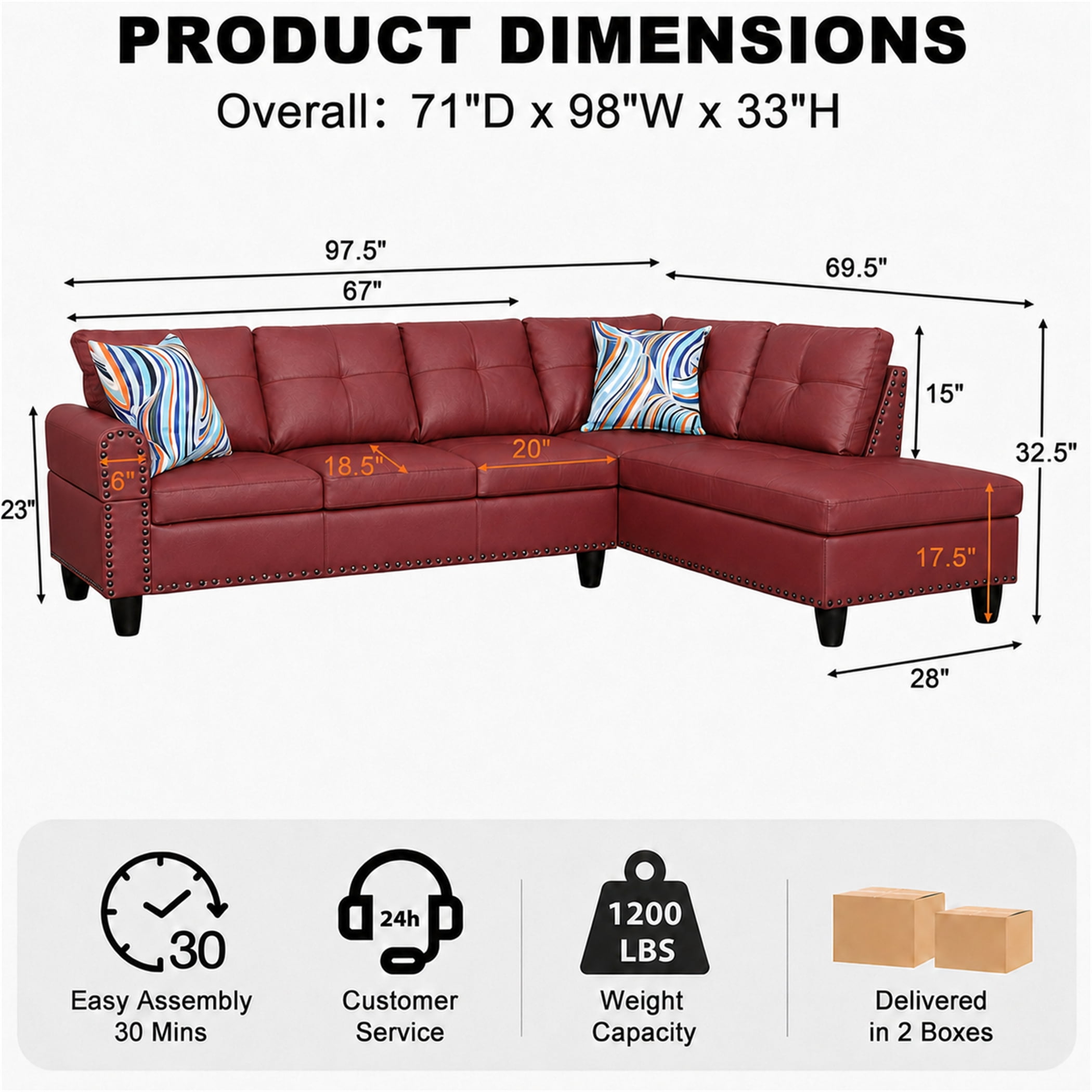 Aukfa 98" L Shaped Sectional Couch with Cup Holder Console, Tufted Back&Nailhead Trim, Oversized Right Chaise Leather Sofa for Living Room, Red