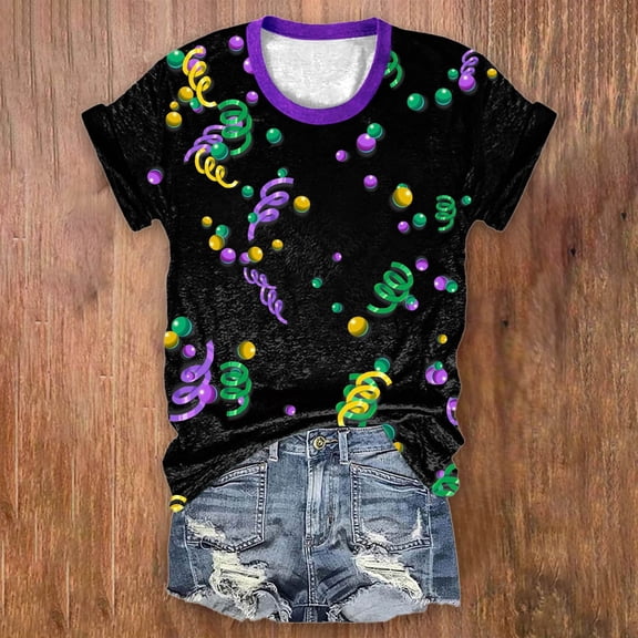BOOMILK Mardi Gras Shirts for Women Trendy Print Crew Neck Tunic T-shirts Loose Short Sleeve Summer Graphic Tees Plus Size